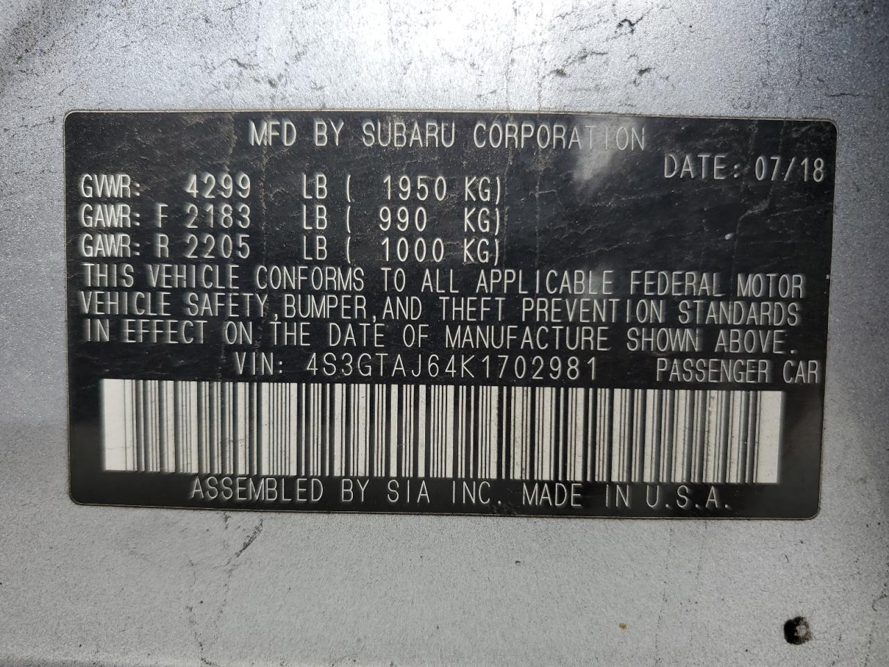 2019 Subaru Impreza Sport VIN: 4S3GTAJ64K1702981 Lot: 81632035