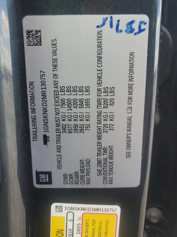 2021 Chevrolet Tahoe K1500 Lt VIN: 1GNSKNKD2MR130757 Lot: 81794025