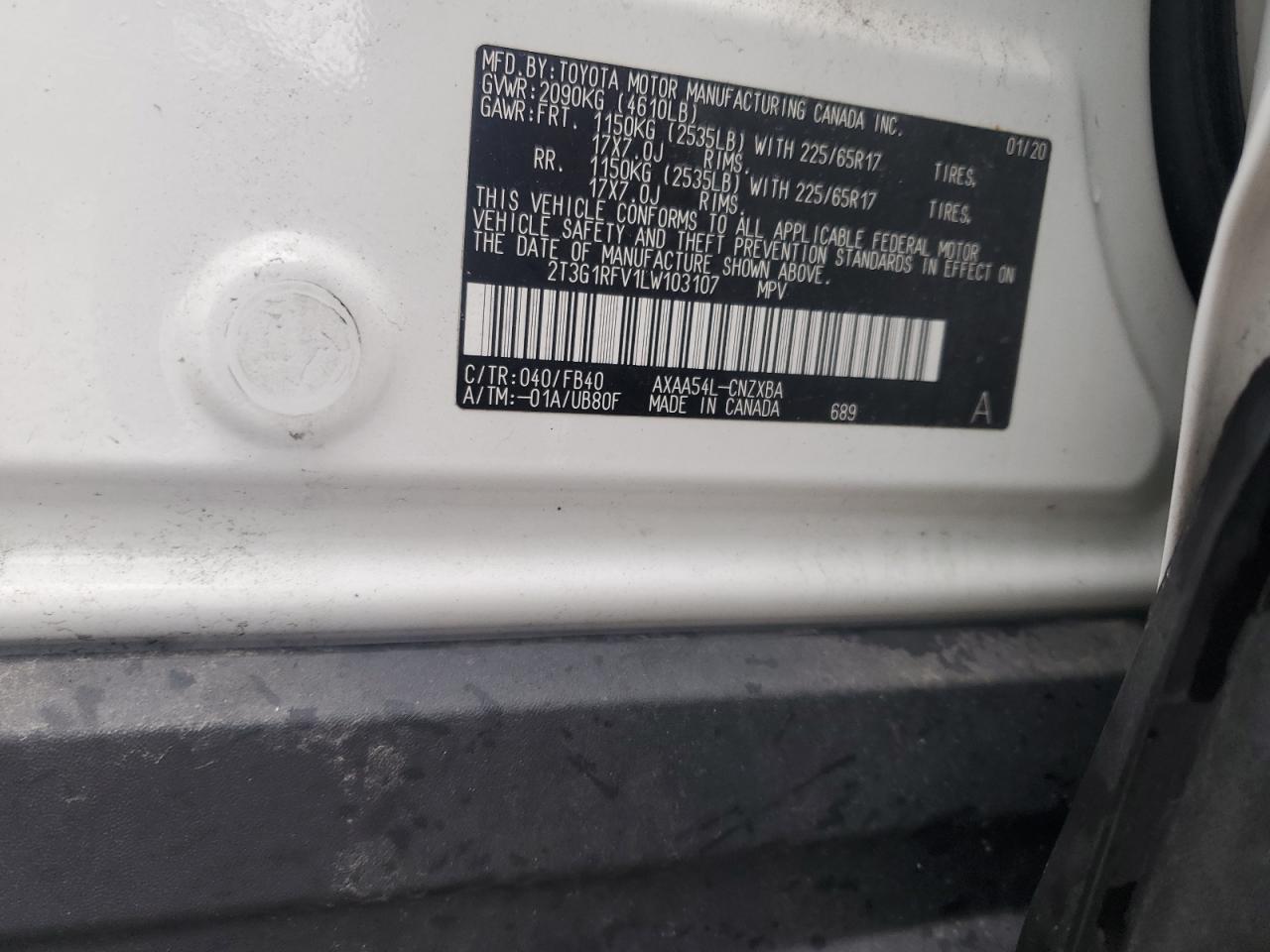 2020 Toyota Rav4 Le VIN: 2T3G1RFV1LW103107 Lot: 81433615