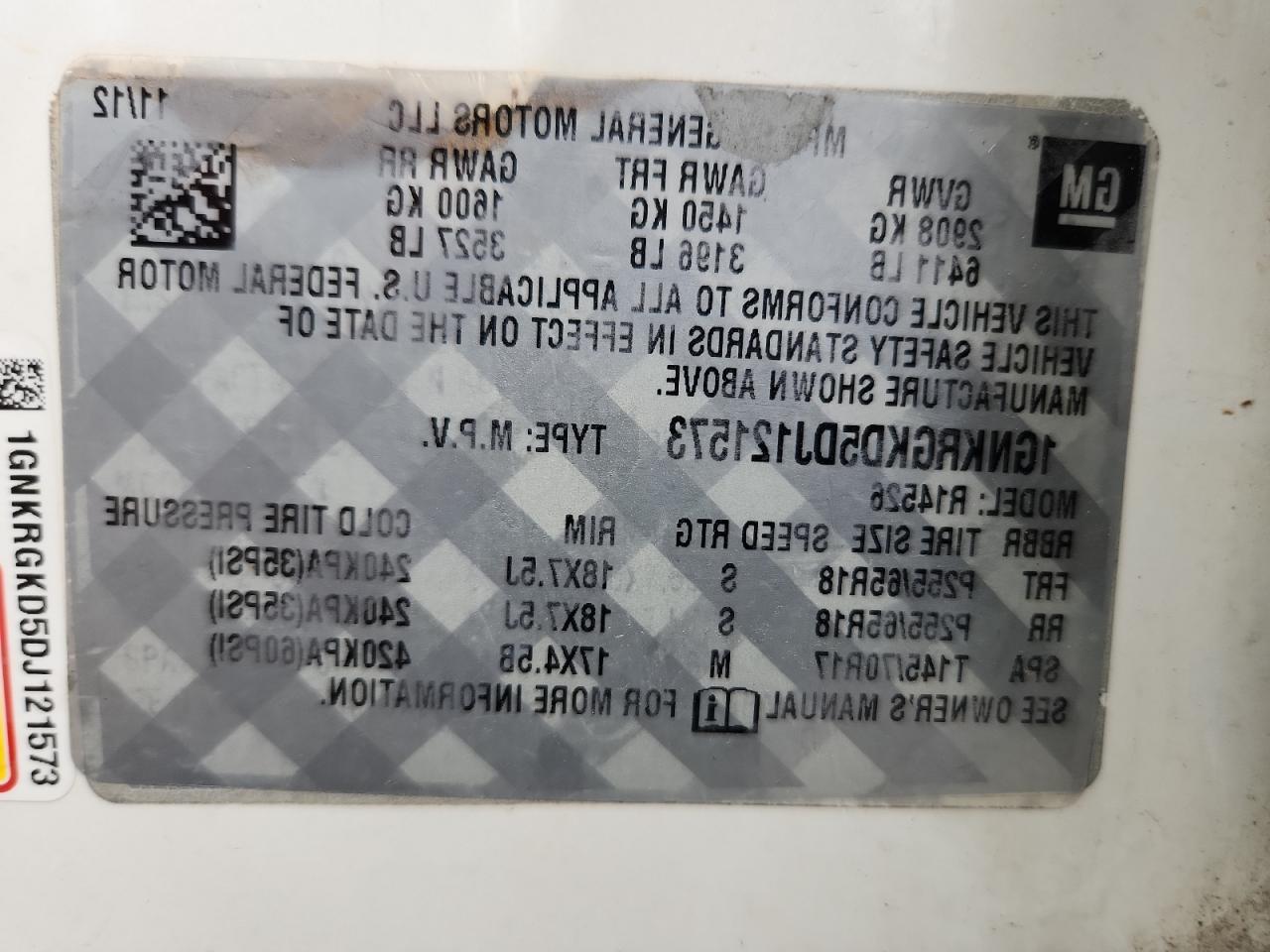 2013 Chevrolet Traverse Lt VIN: 1GNKRGKD5DJ121573 Lot: 71355895