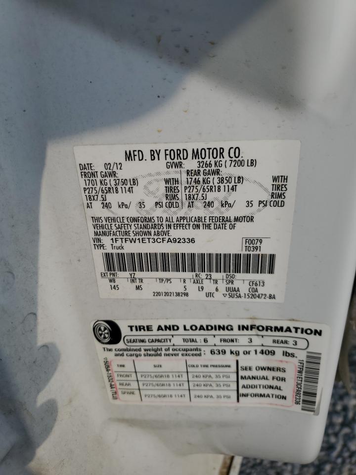 2012 Ford F150 Supercrew VIN: 1FTFW1ET3CFA92336 Lot: 71981815