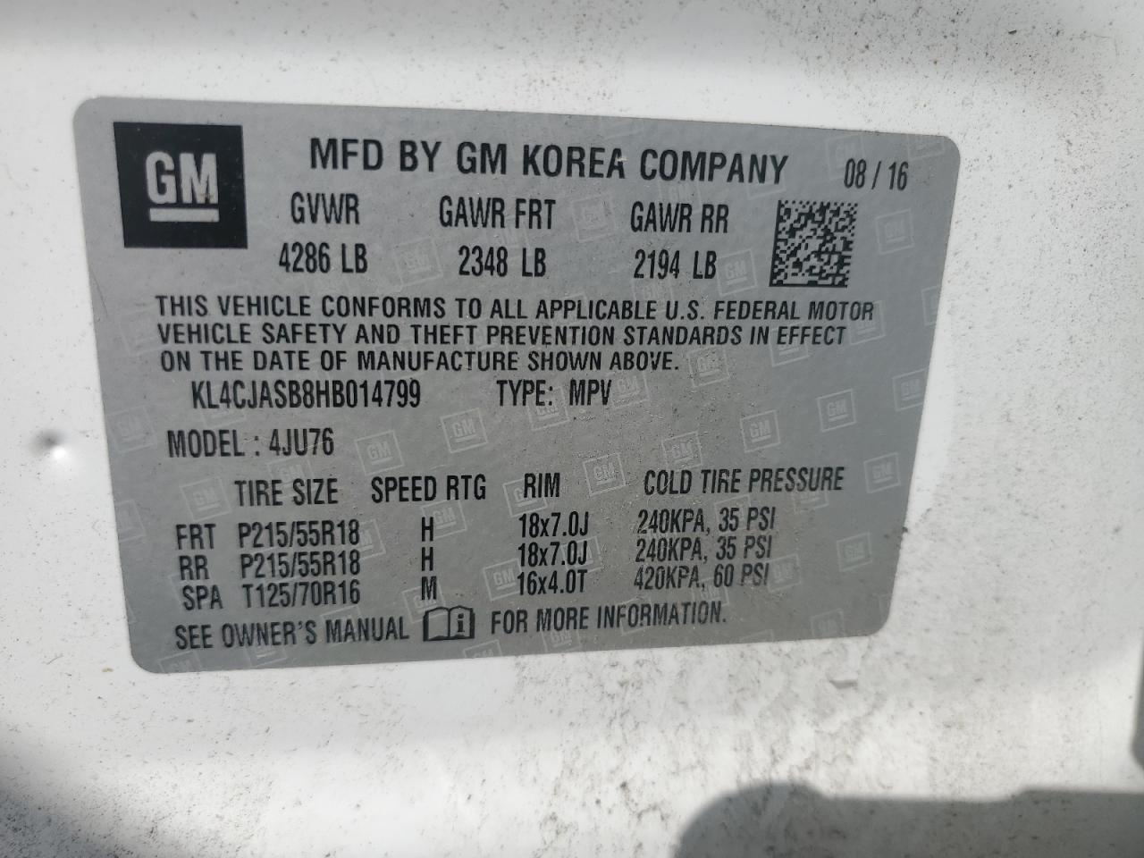 2017 Buick Encore Preferred VIN: KL4CJASB8HB014799 Lot: 81639015