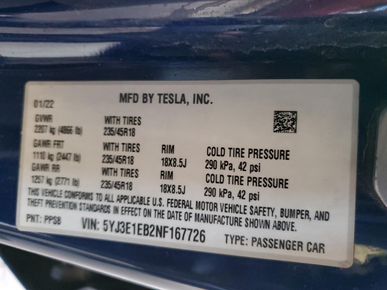 2022 Tesla Model 3 VIN: 5YJ3E1EB2NF167726 Lot: 81639735