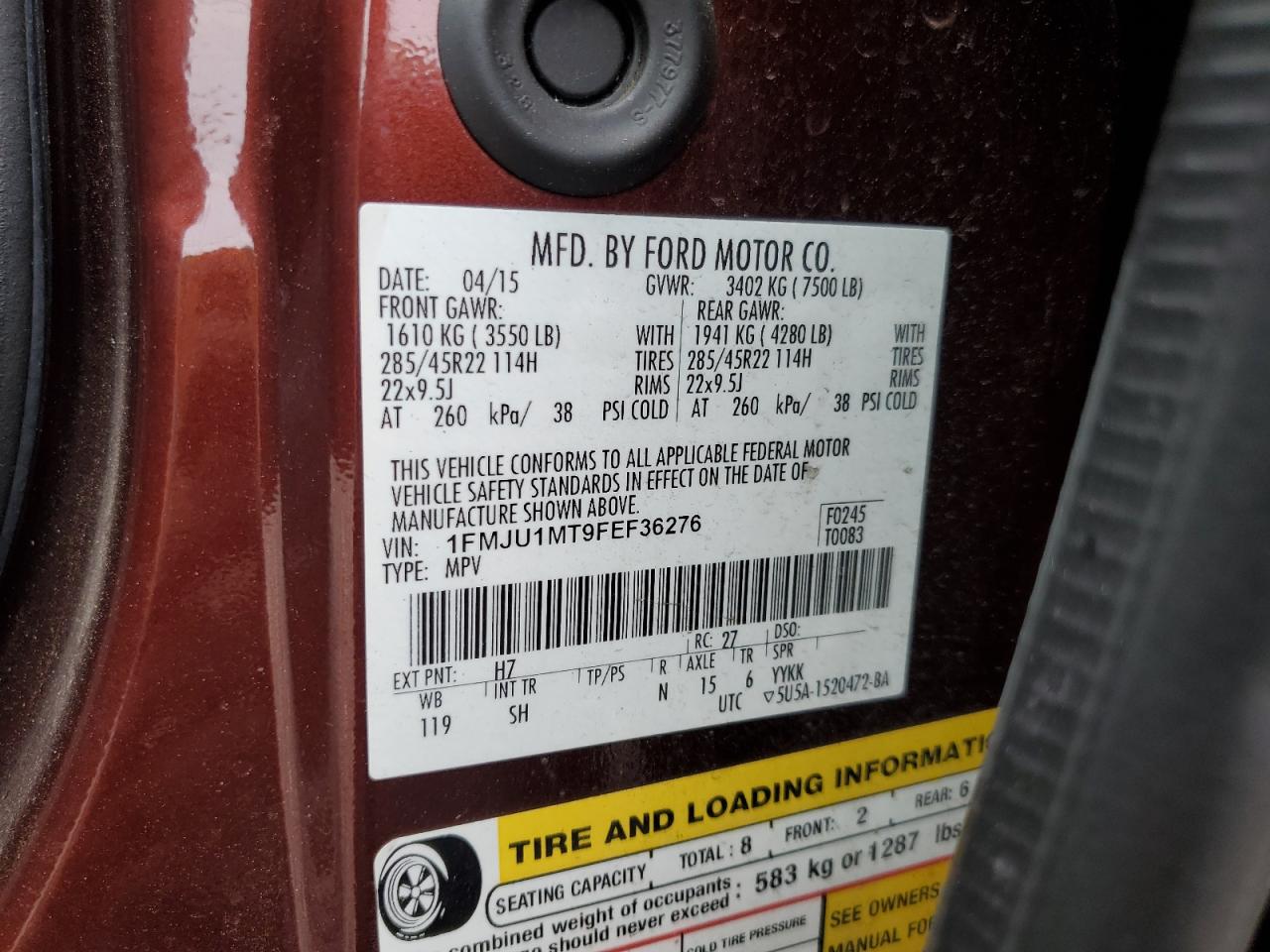 2015 Ford Expedition Platinum VIN: 1FMJU1MT9FEF36276 Lot: 81758685