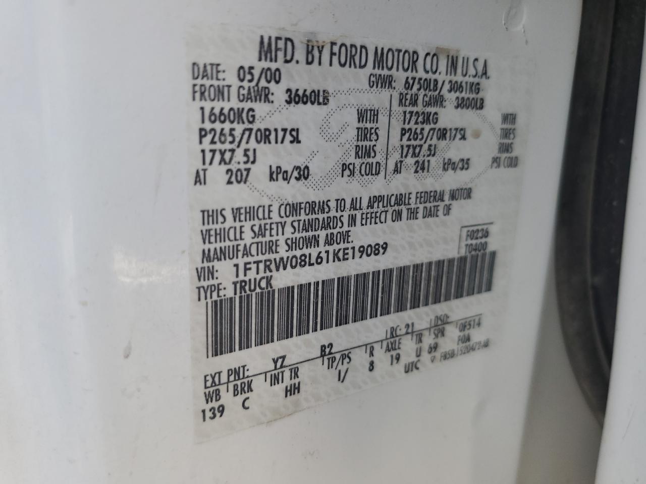 2001 Ford F150 Supercrew VIN: 1FTRW08L61KE19089 Lot: 81687005