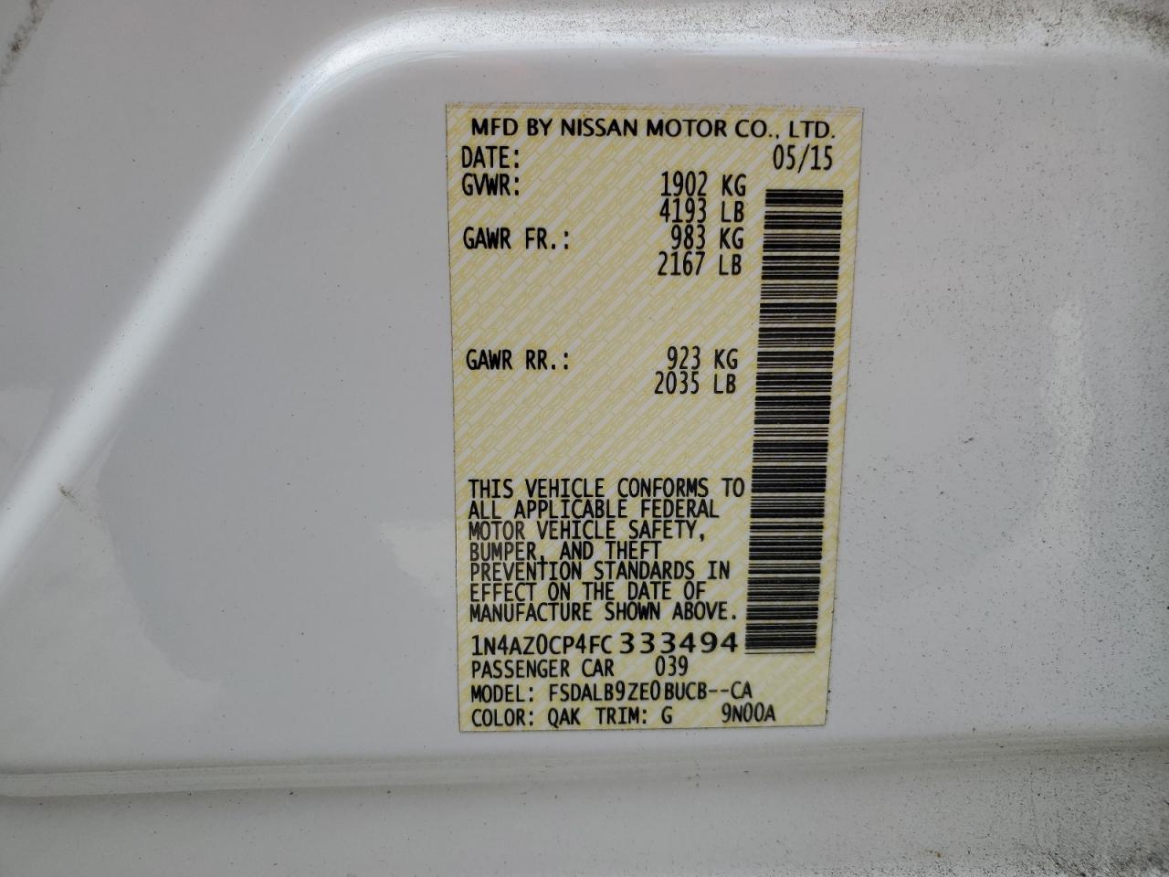 2015 Nissan Leaf S VIN: 1N4AZ0CP4FC333494 Lot: 82130695