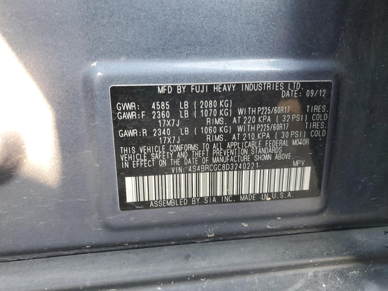 2013 Subaru Outback 2.5I Premium VIN: 4S4BRCGC8D3240221 Lot: 71490385