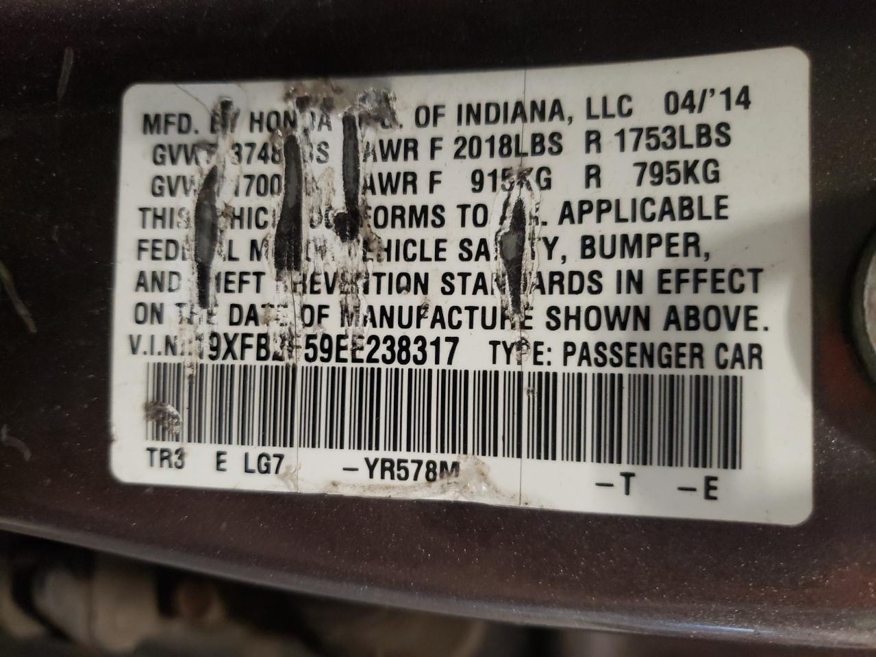 2014 Honda Civic Lx VIN: 19XFB2F59EE238317 Lot: 71728435