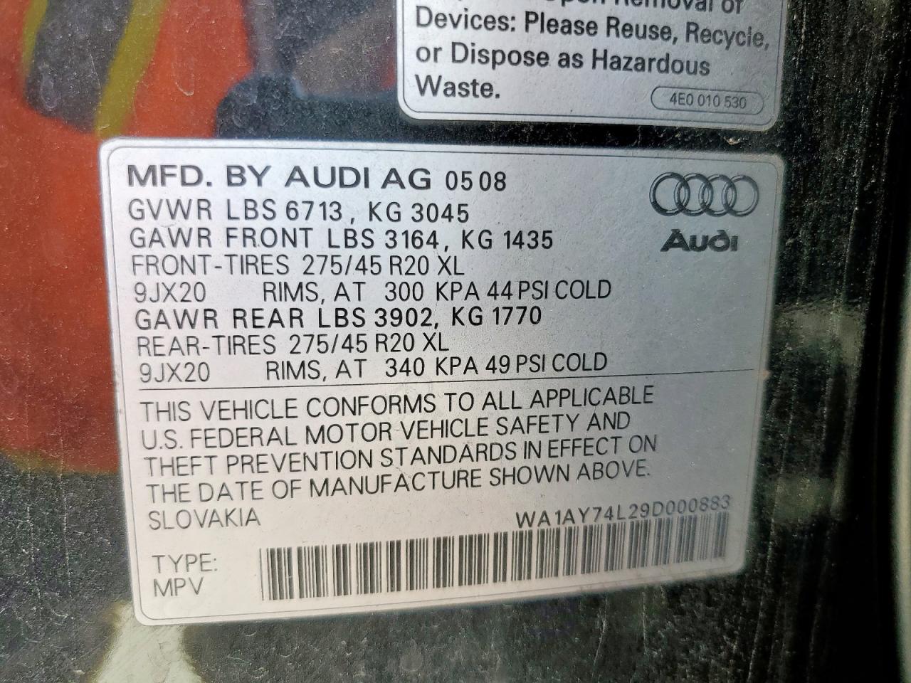 2009 Audi Q7 3.6 Quattro VIN: WA1AY74L29D000883 Lot: 81782095
