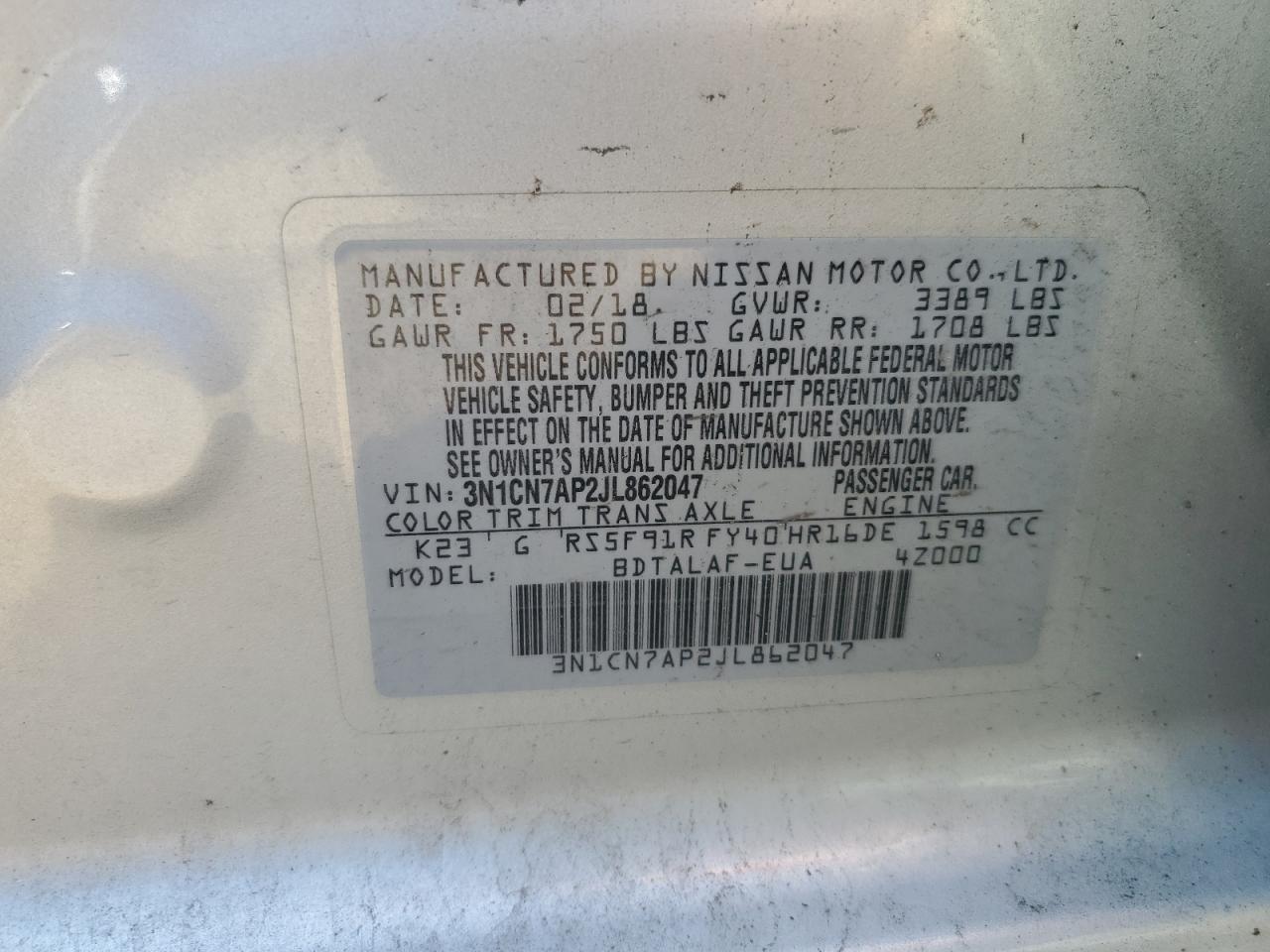 2018 Nissan Versa S VIN: 3N1CN7AP2JL862047 Lot: 81627225