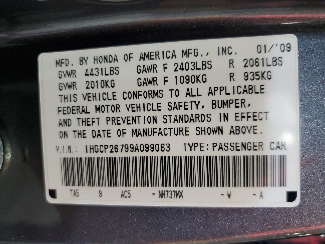 2009 Honda Accord Ex VIN: 1HGCP26799A099063 Lot: 84869235