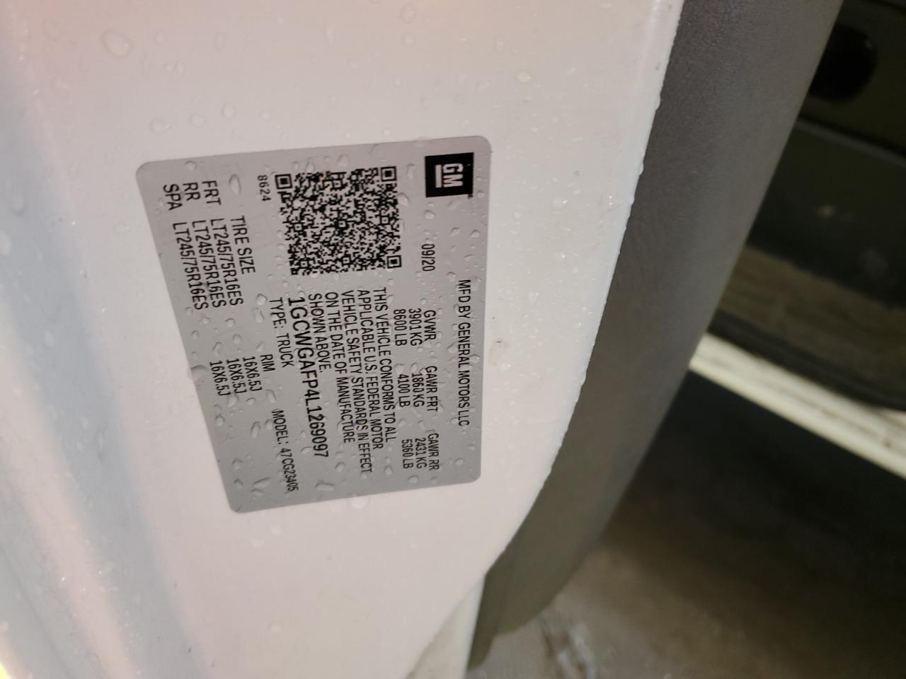 2020 Chevrolet Express G2500 VIN: 1GCWGAFP4L1269097 Lot: 84246555