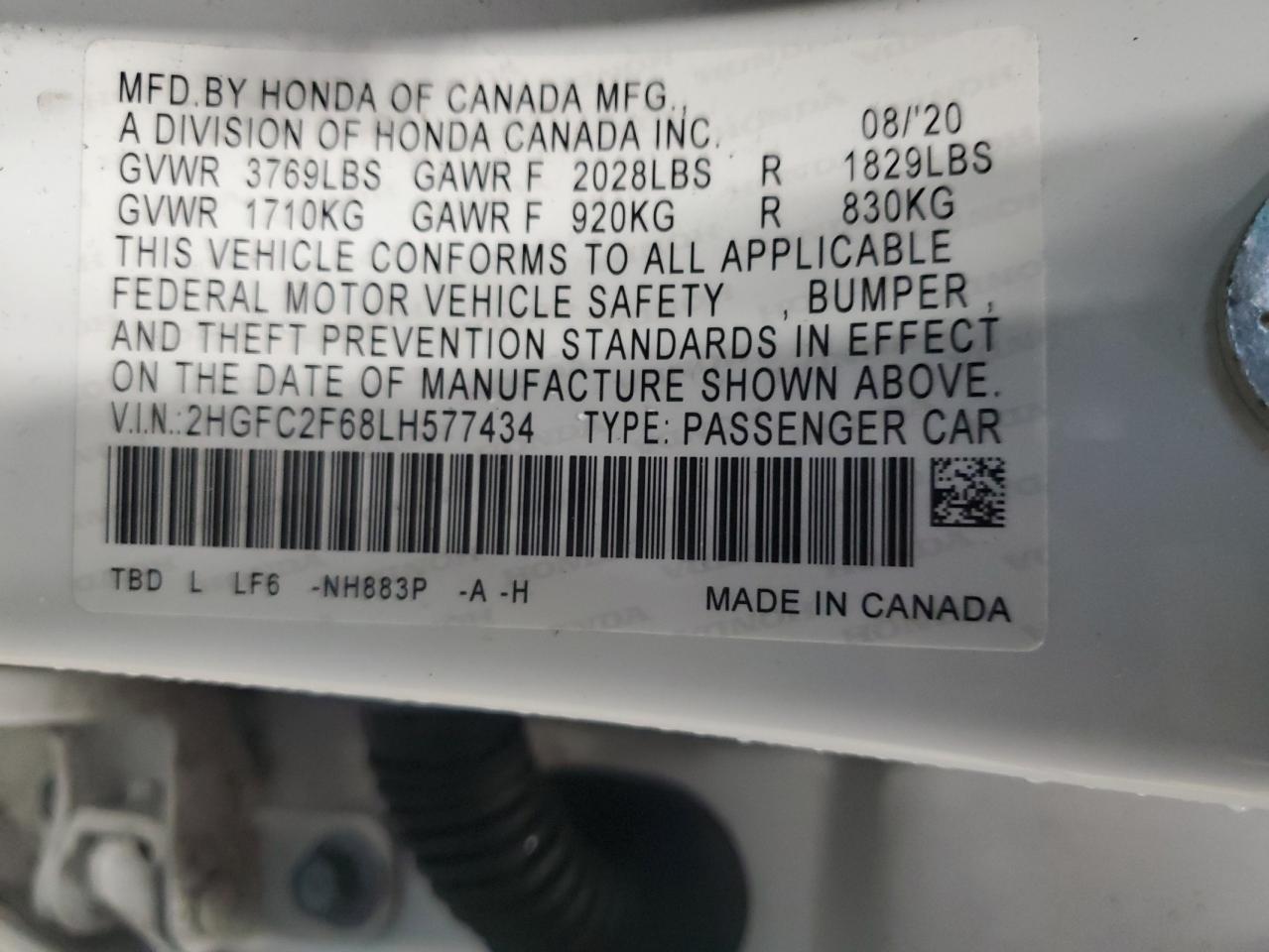 2020 Honda Civic Lx VIN: 2HGFC2F68LH577434 Lot: 83997585