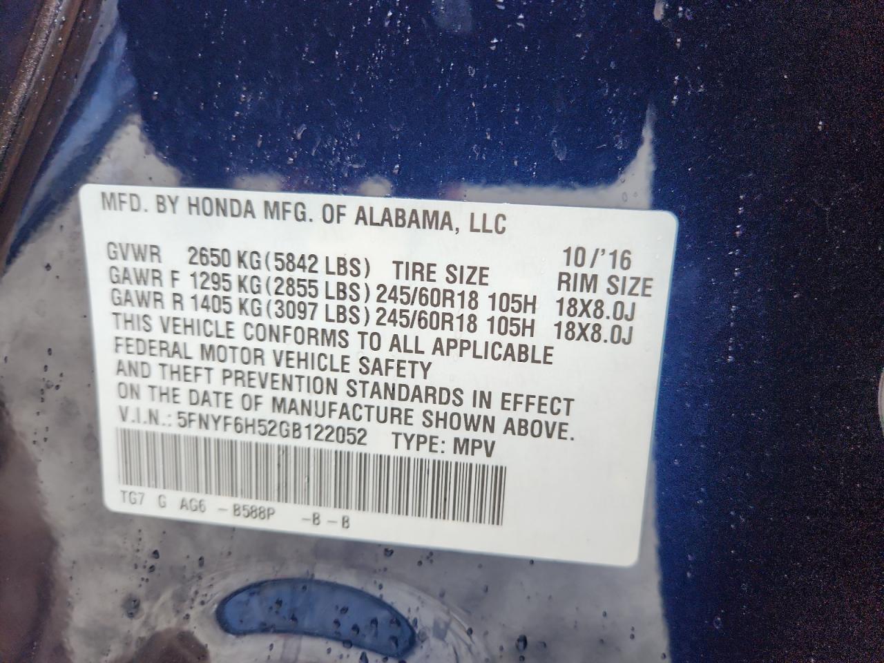 2016 Honda Pilot Exl VIN: 5FNYF6H52GB122052 Lot: 80282465