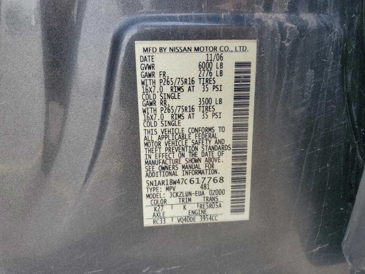 2007 Nissan Pathfinder Le VIN: 5N1AR18W47C617768 Lot: 69749215