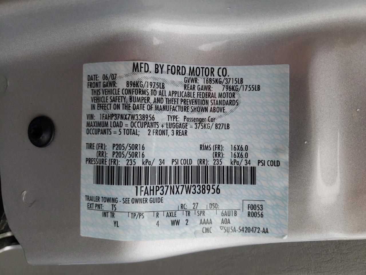 2007 Ford Focus Zx5 VIN: 1FAHP37NX7W338956 Lot: 83857325