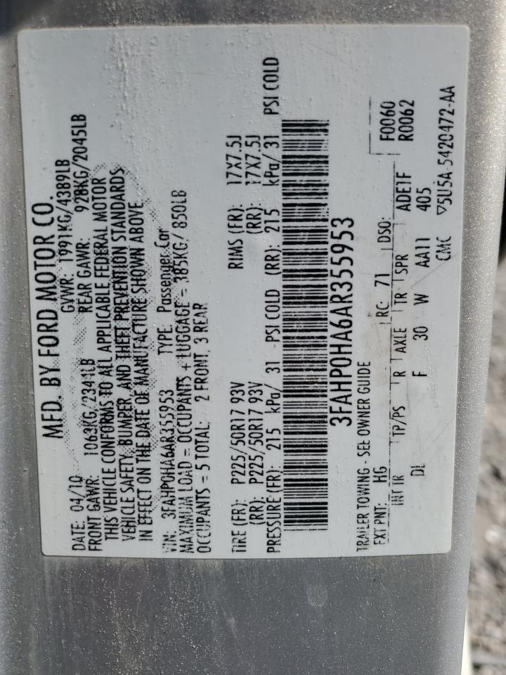 2010 Ford Fusion Se VIN: 3FAHP0HA6AR355953 Lot: 83834145