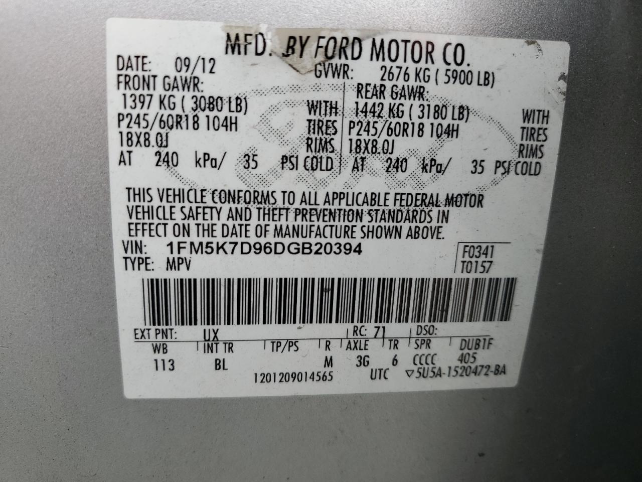 2013 Ford Explorer Xlt VIN: 1FM5K7D96DGB20394 Lot: 81711335