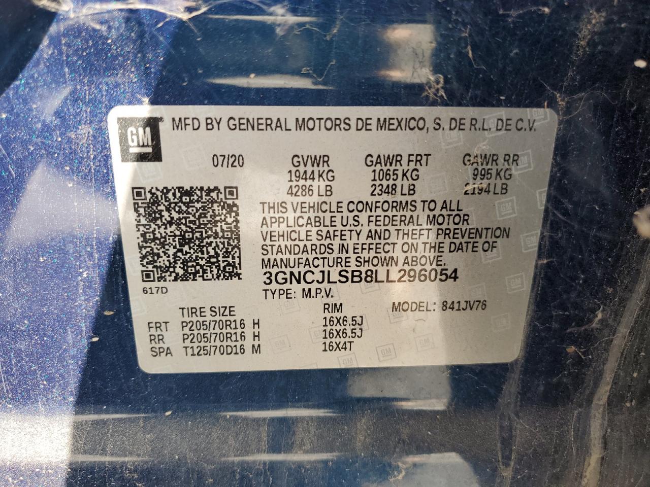 2020 Chevrolet Trax 1Lt VIN: 3GNCJLSB8LL296054 Lot: 83862215