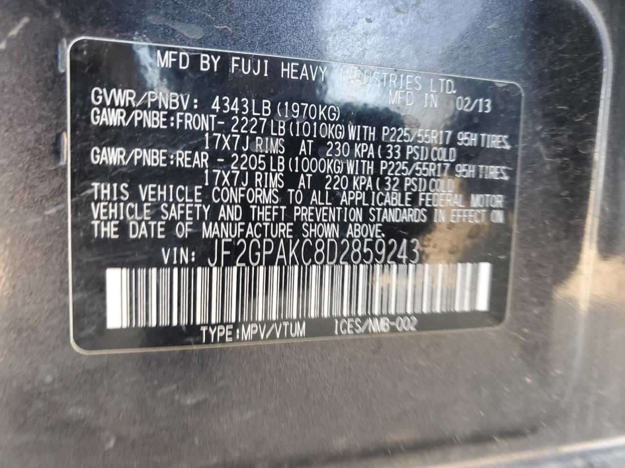 2013 Subaru Xv Crosstrek 2.0 Limited VIN: JF2GPAKC8D2859243 Lot: 80746165