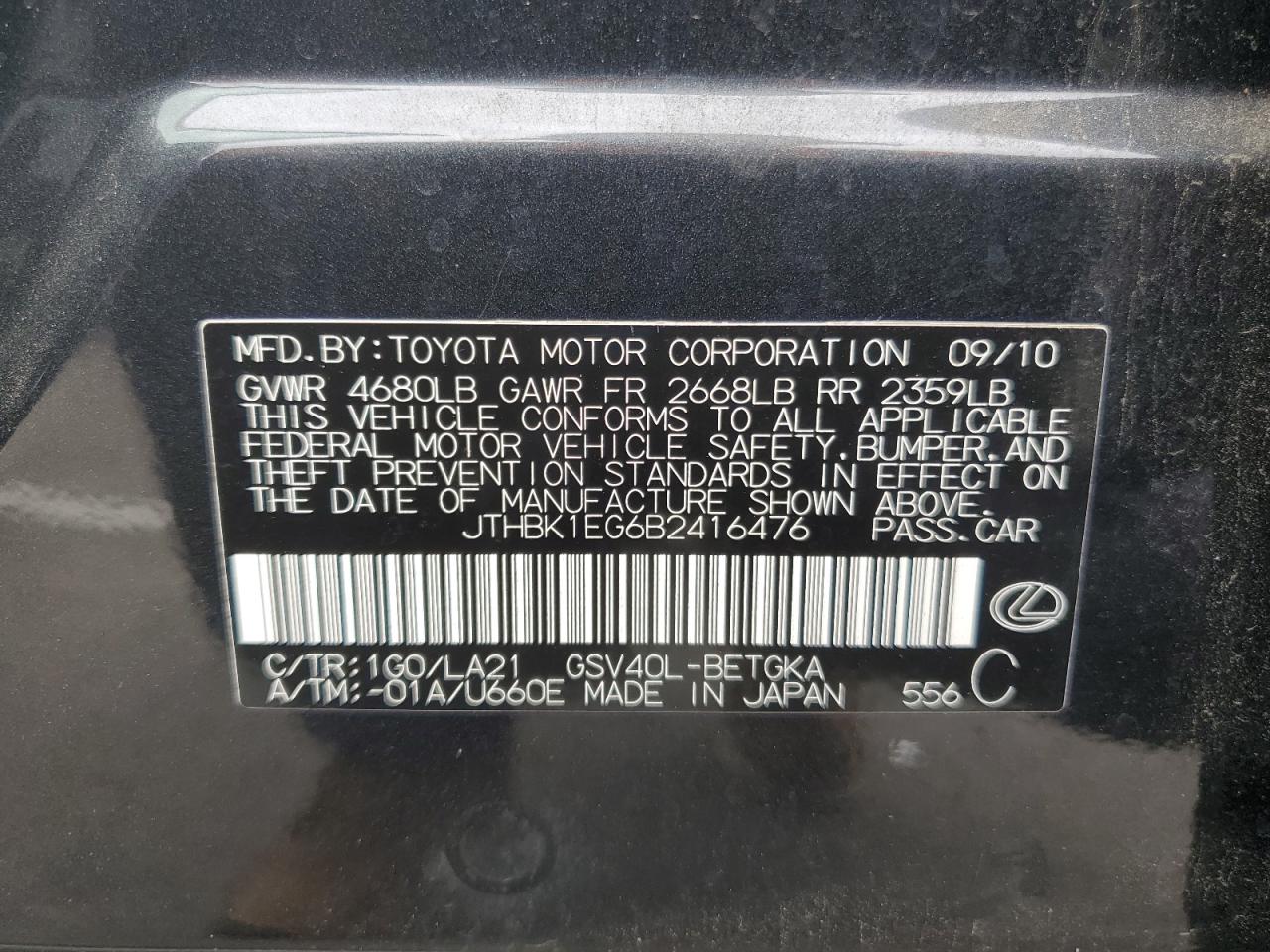 2011 Lexus Es 350 VIN: JTHBK1EG6B2416476 Lot: 81822685
