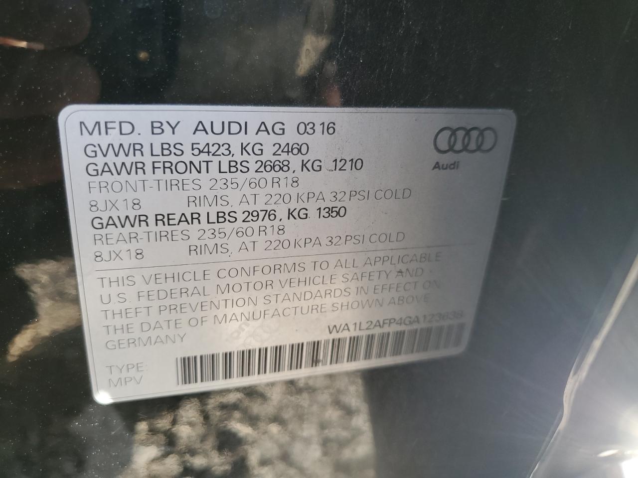 2016 Audi Q5 Premium Plus VIN: WA1L2AFP4GA123638 Lot: 66076735