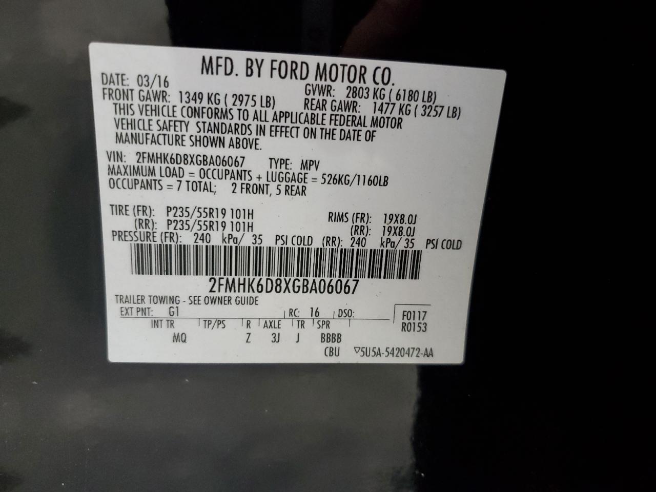 2016 Ford Flex Limited VIN: 2FMHK6D8XGBA06067 Lot: 81270895