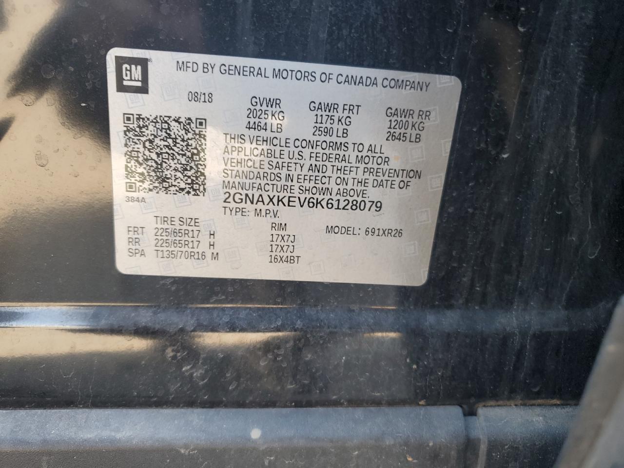 2019 Chevrolet Equinox Lt VIN: 2GNAXKEV6K6128079 Lot: 84286265