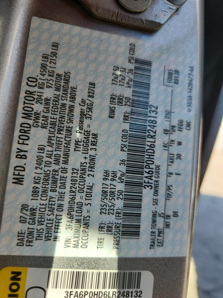 2020 Ford Fusion Se VIN: 3FA6P0HD6LR248132 Lot: 83929775