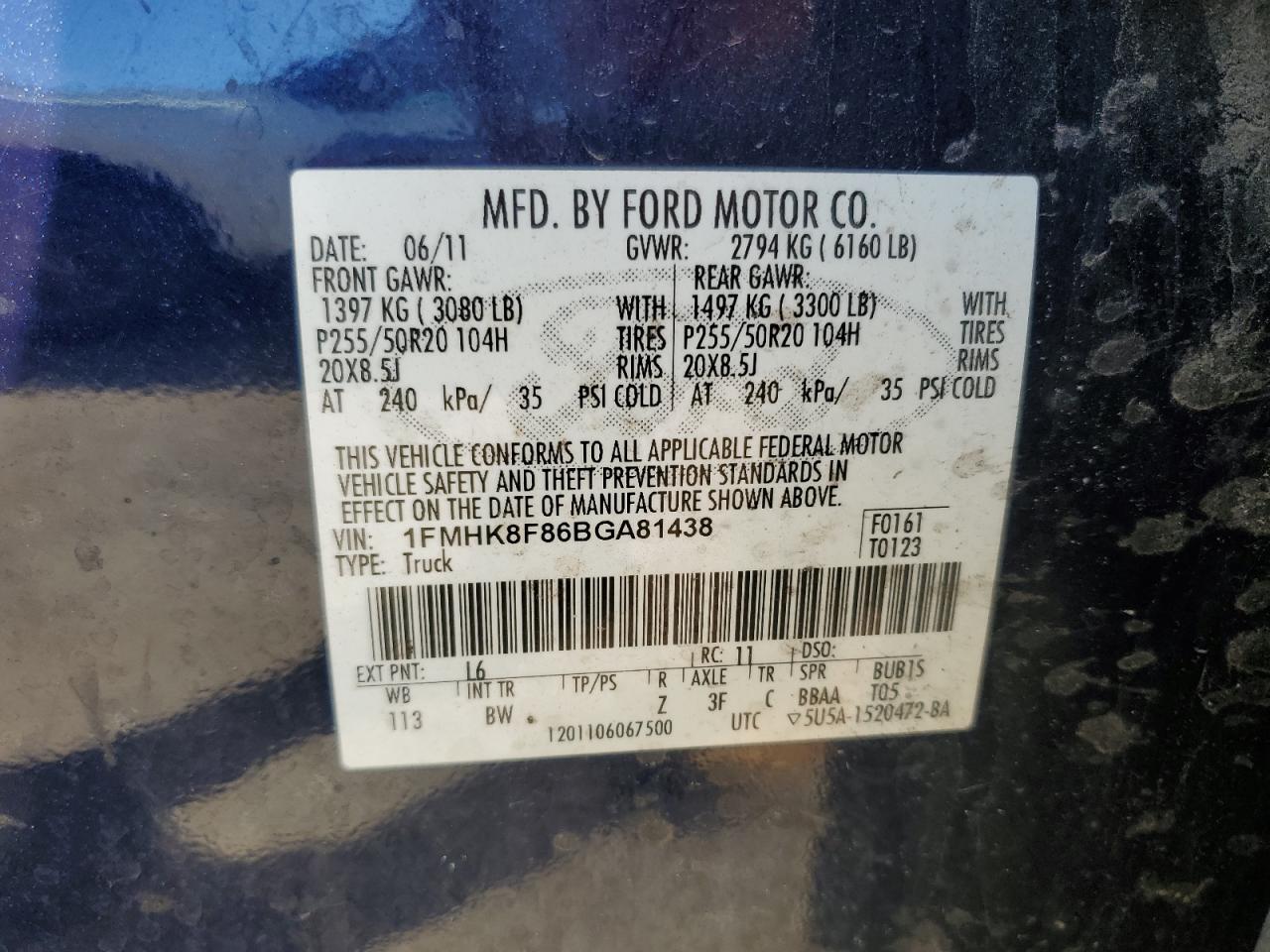 2011 Ford Explorer Limited VIN: 1FMHK8F86BGA81438 Lot: 69648355