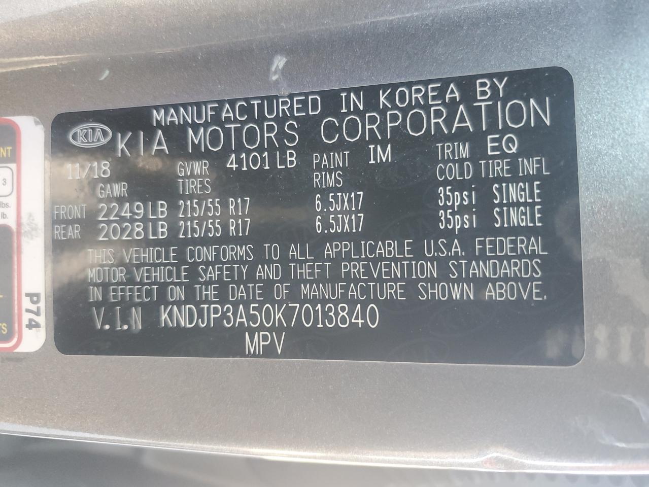 2019 Kia Soul + VIN: KNDJP3A50K7013840 Lot: 81152375