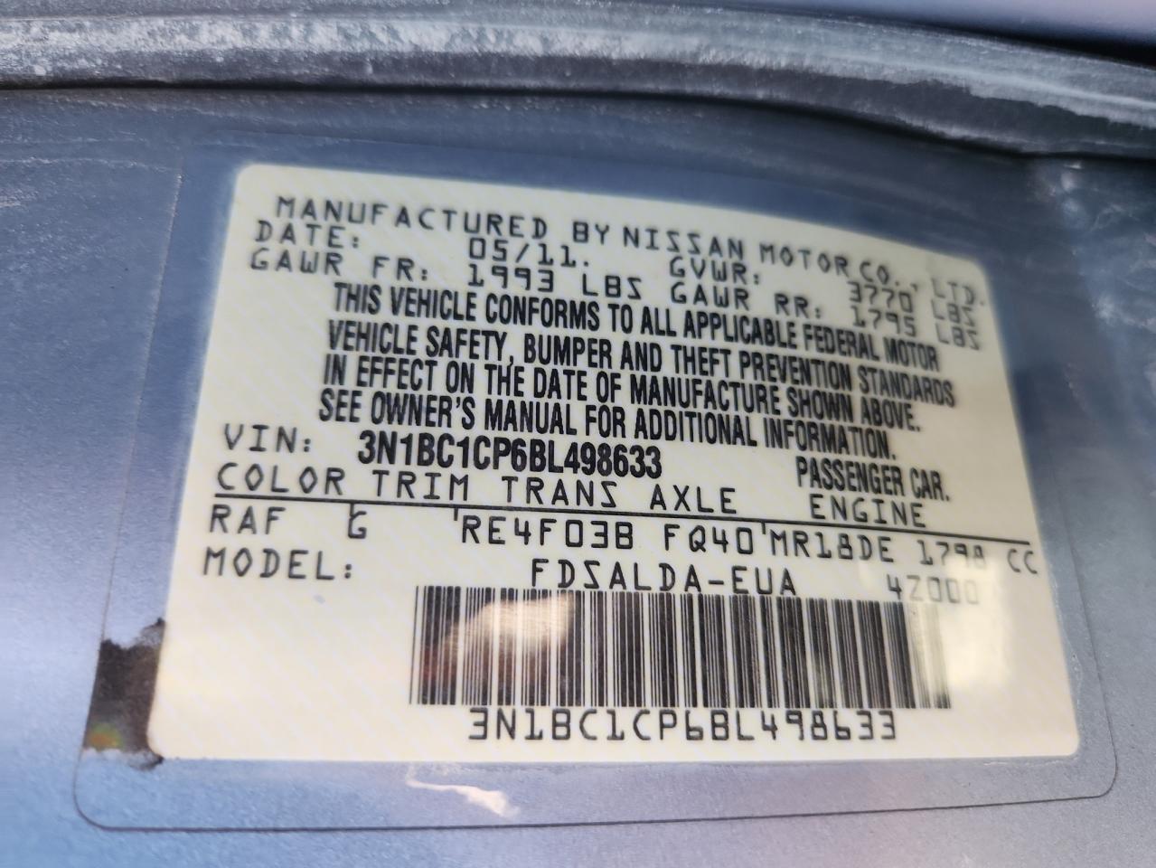 2011 Nissan Versa S VIN: 3N1BC1CP6BL498633 Lot: 94068835