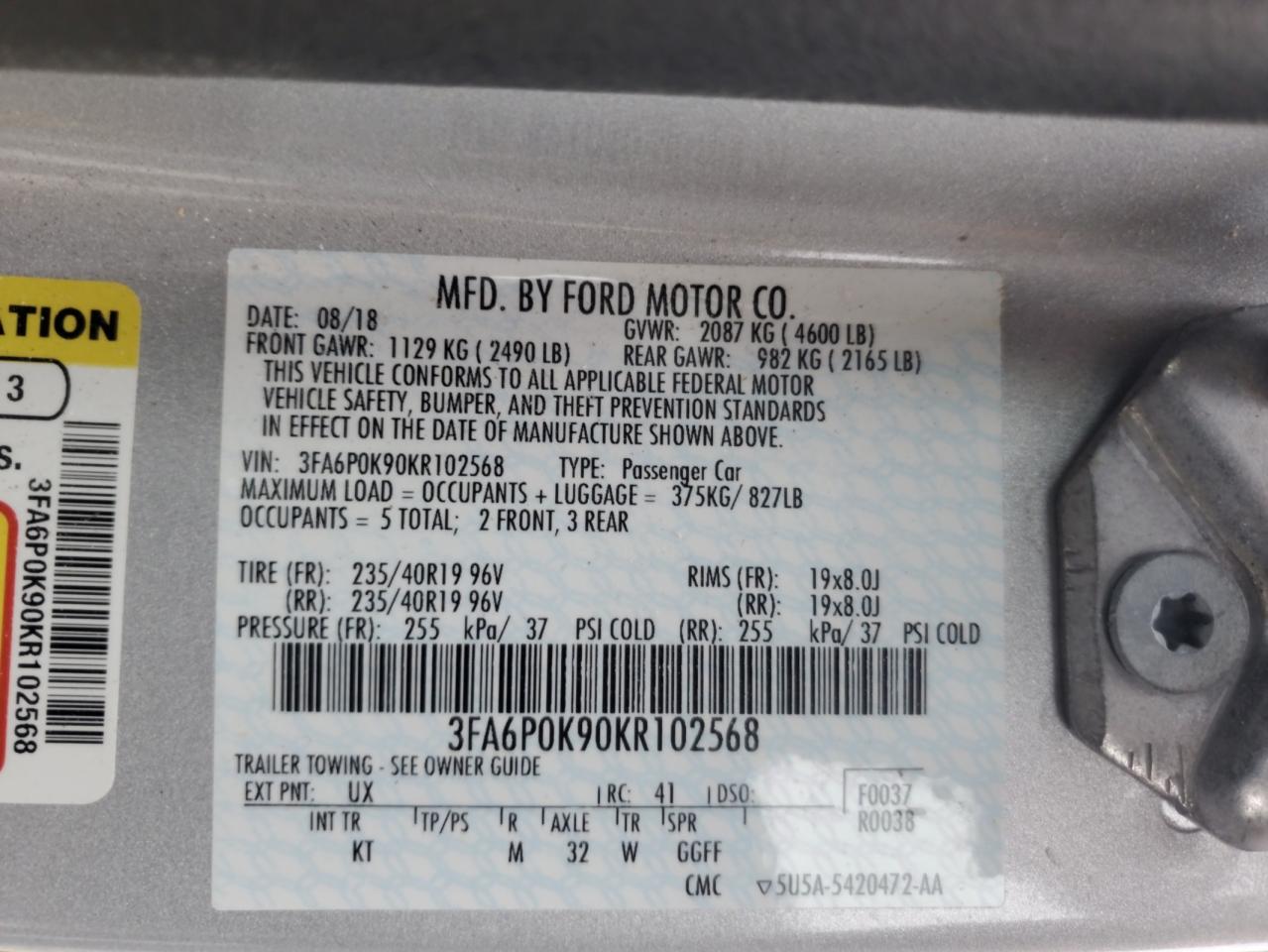 2019 Ford Fusion Titanium VIN: 3FA6P0K90KR102568 Lot: 70560055