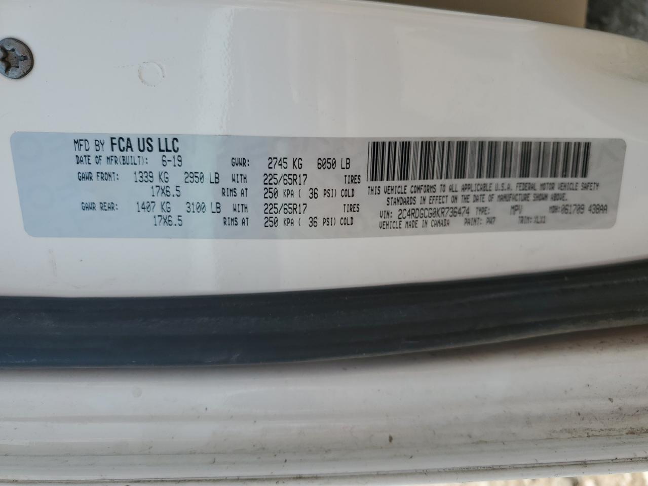 2019 Dodge Grand Caravan Sxt VIN: 2C4RDGCG0KR736474 Lot: 71015135