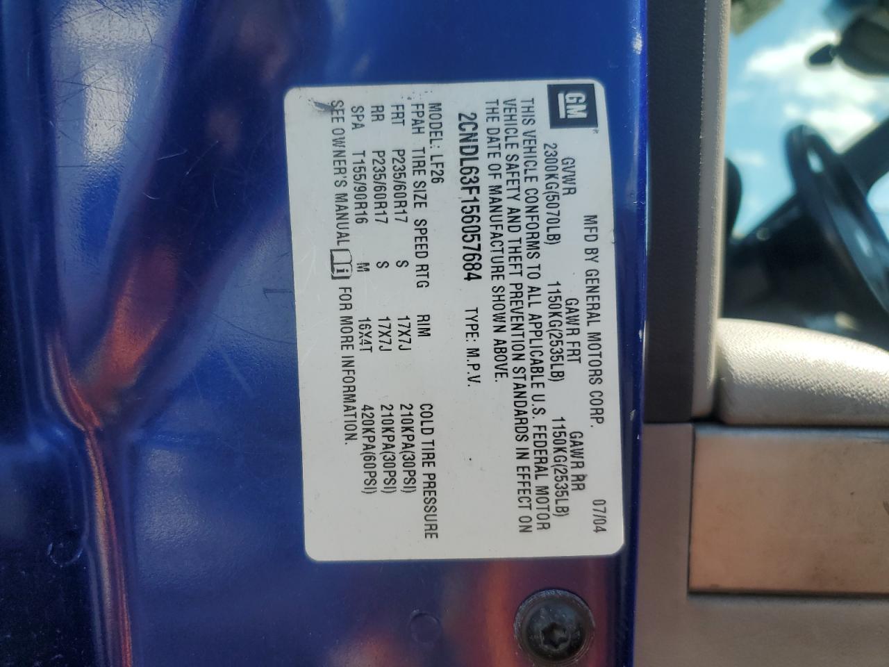 2005 Chevrolet Equinox Lt VIN: 2CNDL63F156057684 Lot: 84413035