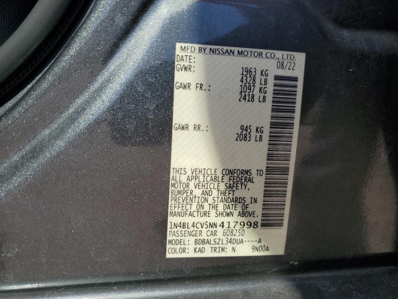 2022 Nissan Altima Sr VIN: 1N4BL4CV5NN417998 Lot: 81641275