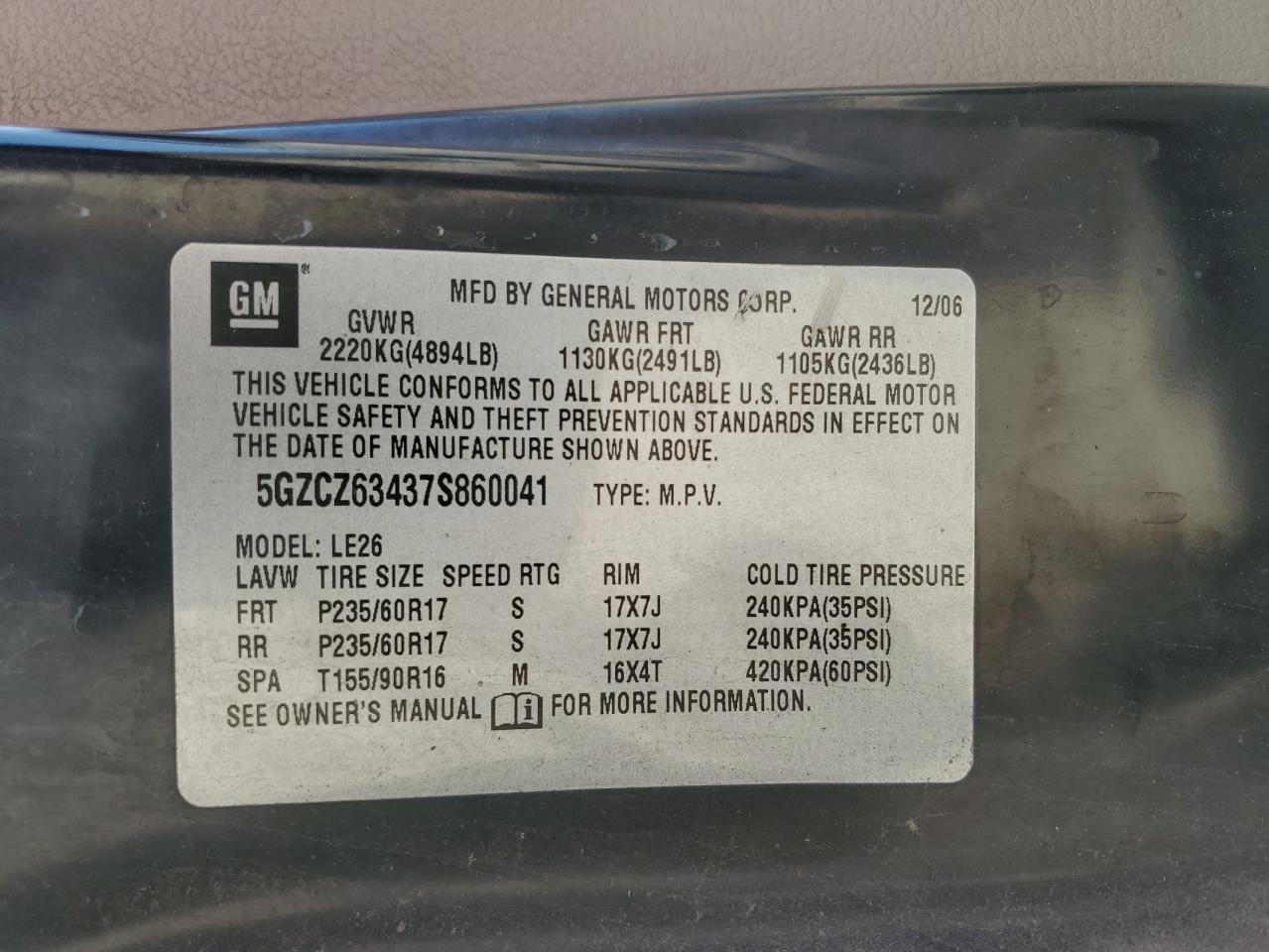 2007 Saturn Vue VIN: 5GZCZ63437S860041 Lot: 80178375