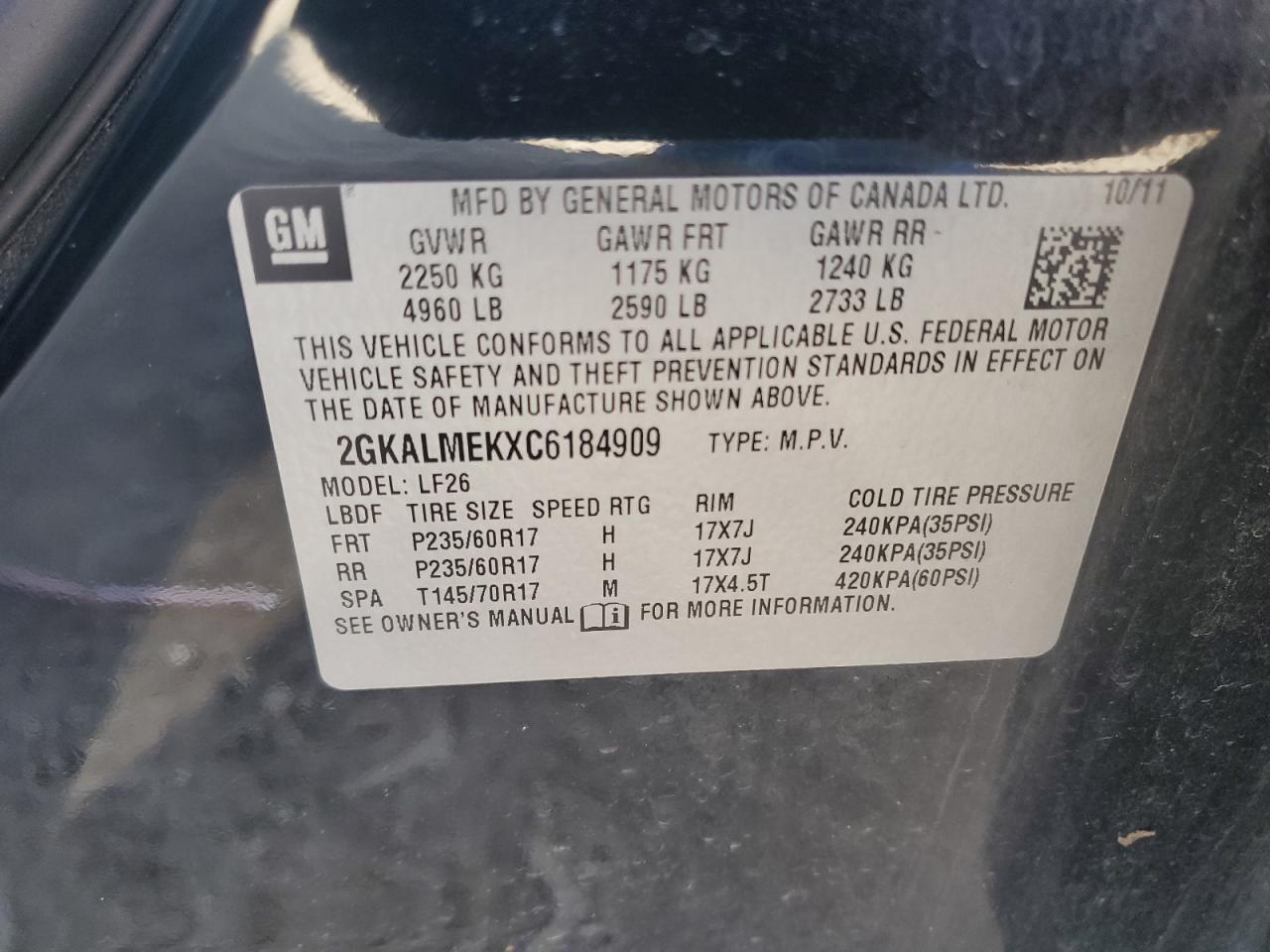 2012 GMC Terrain Sle VIN: 2GKALMEKXC6184909 Lot: 81758125