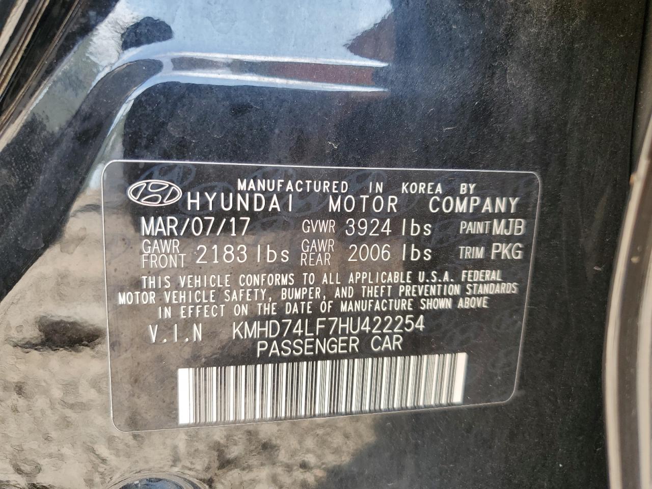 2017 Hyundai Elantra Se VIN: KMHD74LF7HU422254 Lot: 71441775