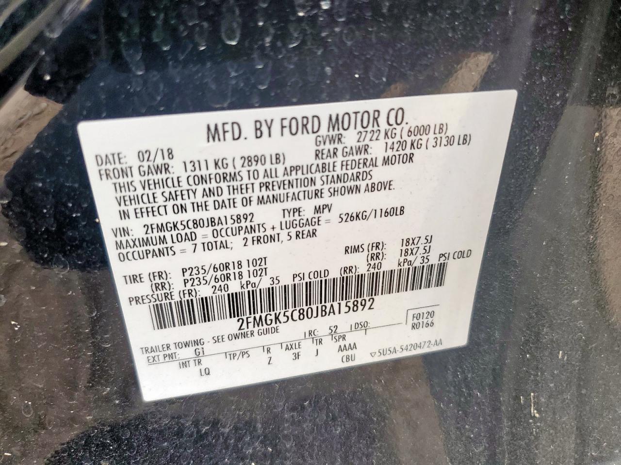 2018 Ford Flex Sel VIN: 2FMGK5C80JBA15892 Lot: 81222565