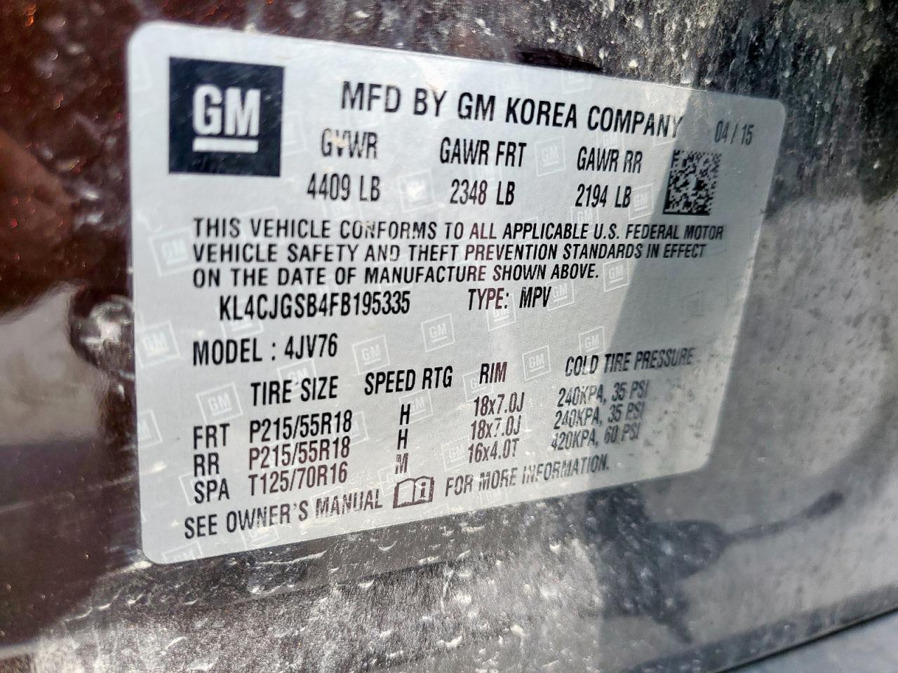 2015 Buick Encore VIN: KL4CJGSB4FB195335 Lot: 80860315