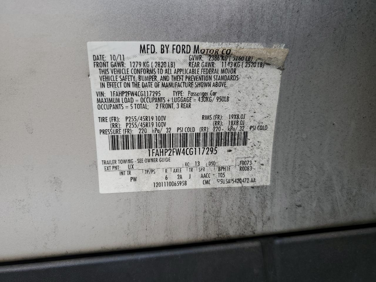 2012 Ford Taurus Limited VIN: 1FAHP2FW4CG117295 Lot: 80701955