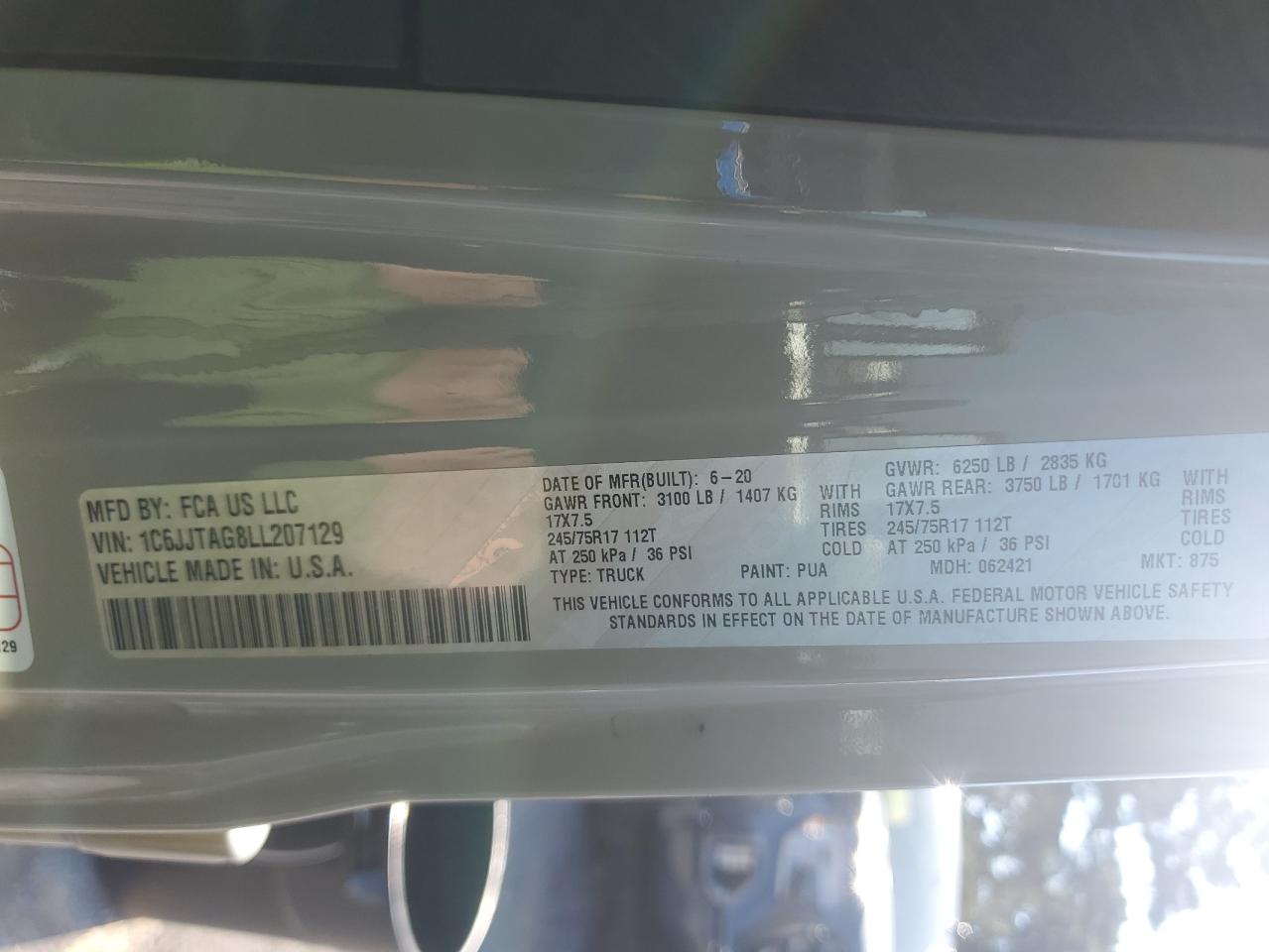 2020 Jeep Gladiator Sport VIN: 1C6JJTAG8LL207129 Lot: 80204585