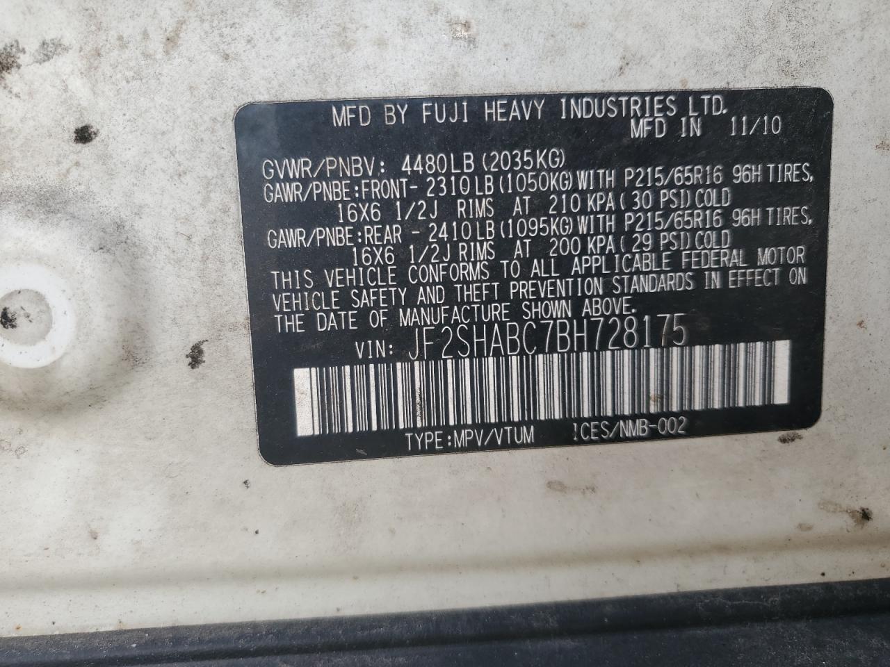 2011 Subaru Forester 2.5X VIN: JF2SHABC7BH728175 Lot: 80881385