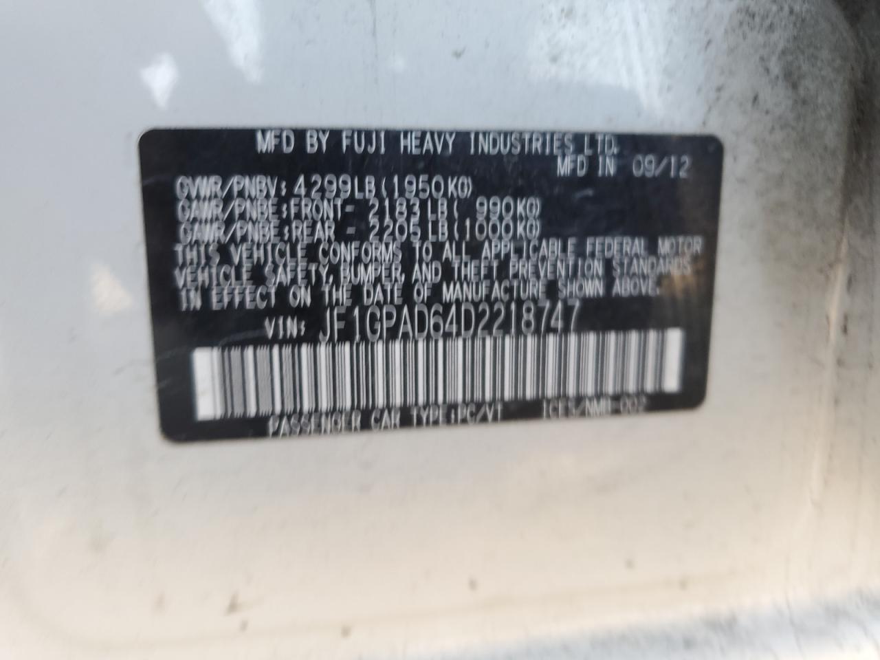 2013 Subaru Impreza Premium VIN: JF1GPAD64D2218747 Lot: 80323385