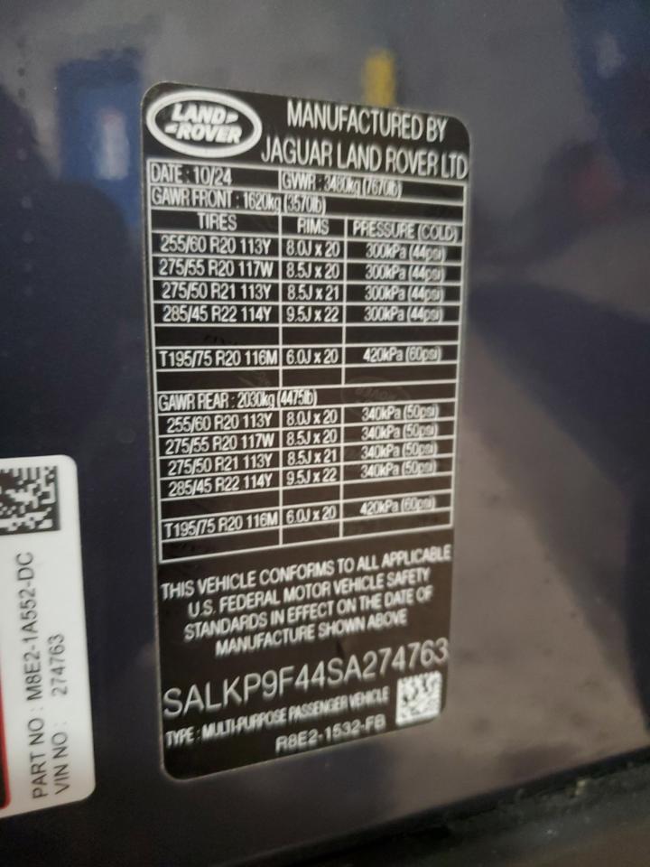 2025 Land Rover Range Rover Se VIN: SALKP9F44SA274763 Lot: 71850015