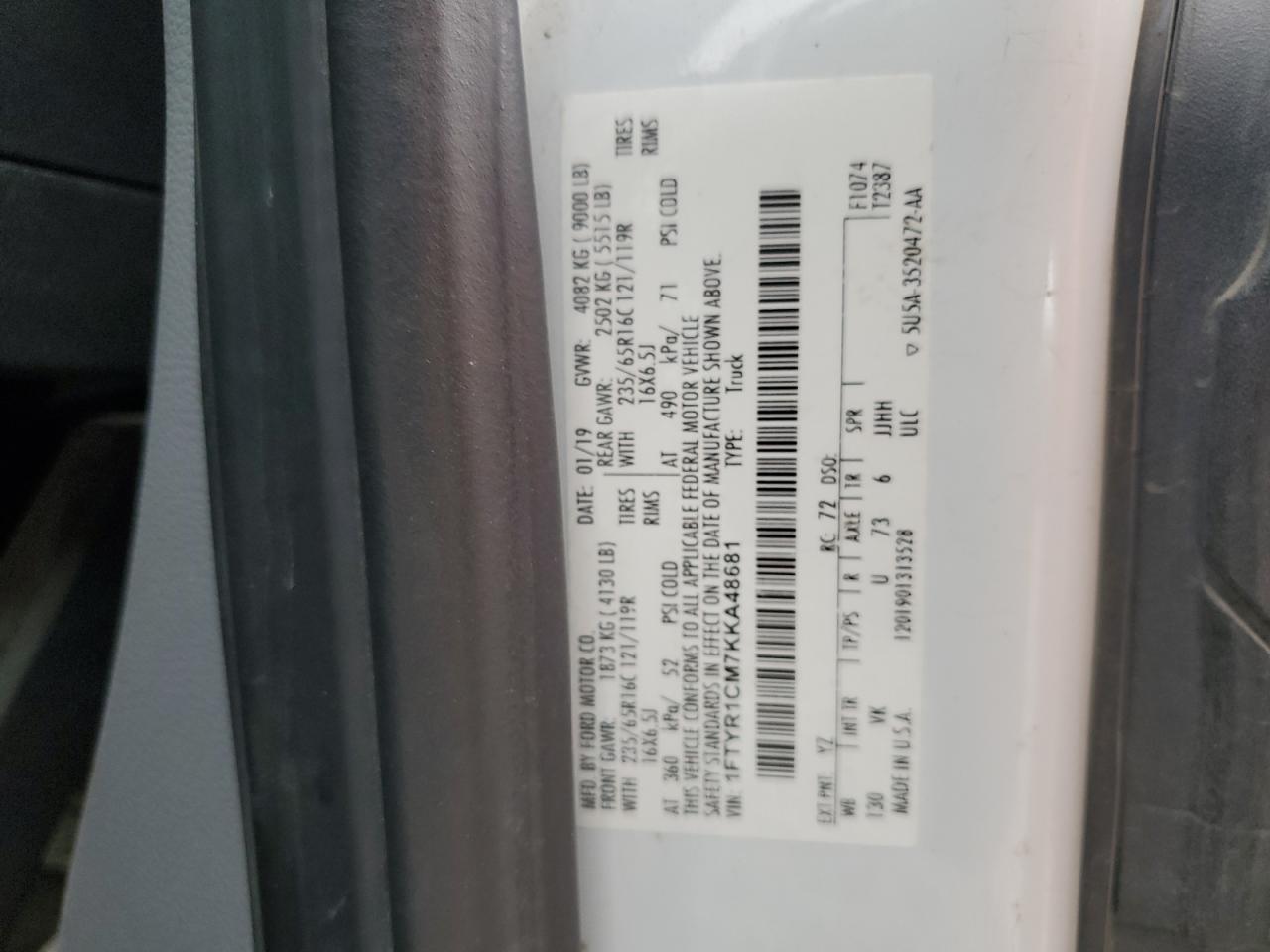 2019 Ford Transit T-250 VIN: 1FTYR1CM7KKA48681 Lot: 81130165