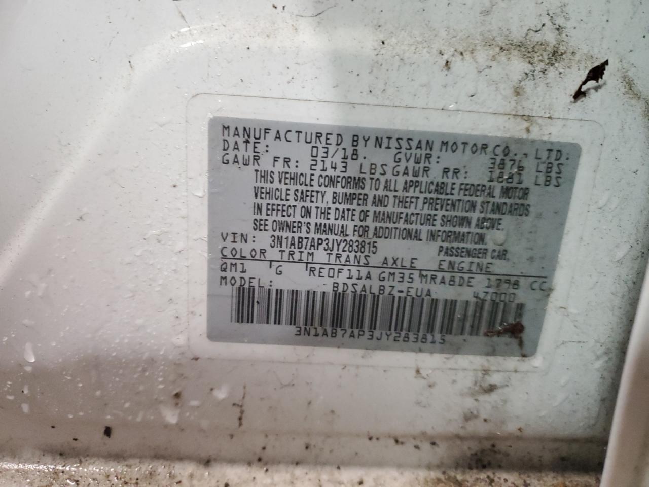 2018 Nissan Sentra S VIN: 3N1AB7AP3JY283815 Lot: 72071995