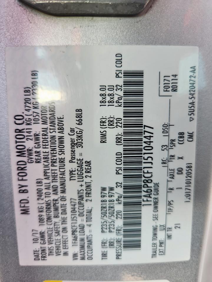 2018 Ford Mustang Gt VIN: 1FA6P8CF1J5104477 Lot: 67608885