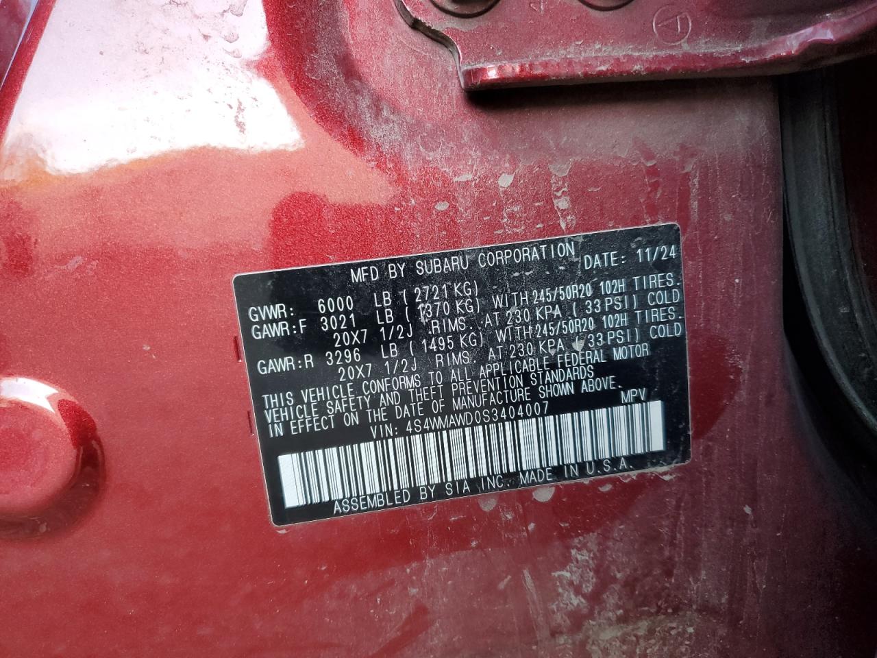 2025 Subaru Ascent Onyx Touring VIN: 4S4WMAWD0S3404007 Lot: 72070005